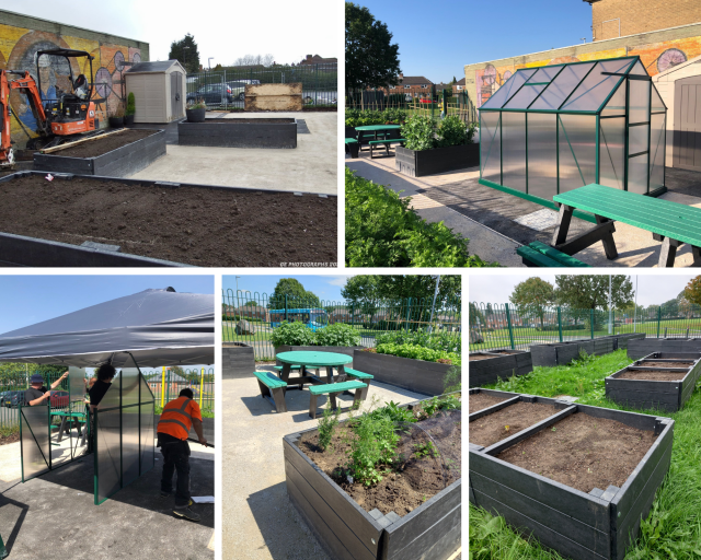 A photo collage of the photos taking during the Greenhill Community Garden project at Cropston Drive in Coalville.