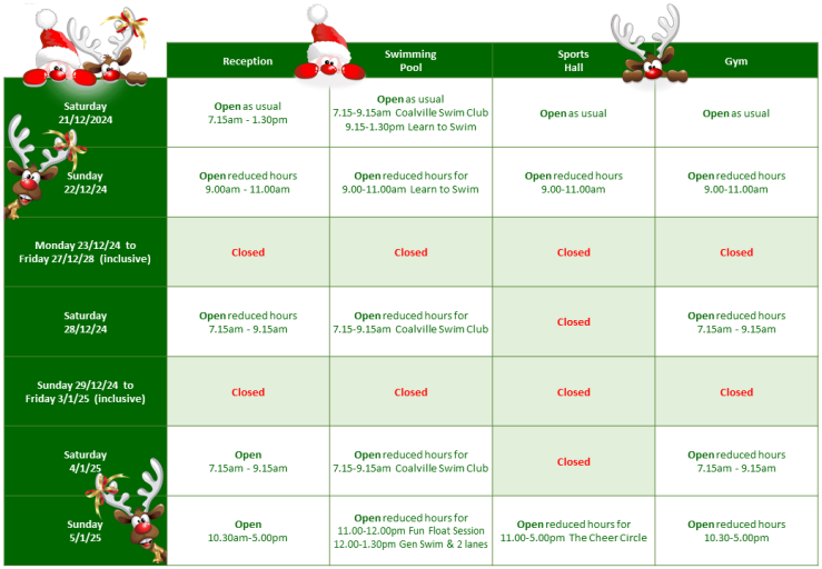 A poster showing the opening and closure dates and times over the Christmas and New Year period 2024