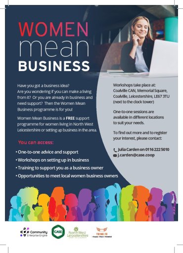 Flyer with info on Women Mean Business Workshops