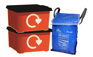 Graphic of red recycling boxes and blue bag