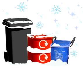 Black waste bin, two stacked red recycling boxes and a blue recycling bag covered in snow